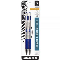 Zebra Pen G-301 스테인리스 스틸 리트랙터블 젤 펜 미디엄 포인트 0.7mm 블루 잉크 2개 2팩 (41322), Blue_1 Count (Pack of 2)