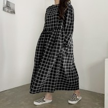 [비비애르] 믹스 체크 퍼프 박스 롱 원피스 코튼 격자 사각 패턴 세련된룩