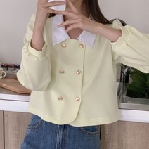 여성 메이비 배색 카라 더블 버튼 블라우스