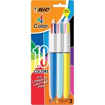 BIC 4색 볼펜 미디엄 포인트(1.0mm) 다양한 색상의 펜 1세트에 4가지 색상 3개입 팩 학용품용 (펜 배럴 색상은 다를 수 있음)152422, Pens