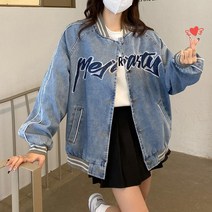 WZC 봄가을 여성 데님 야구자켓 야구잠바 점퍼 레터링 포인트 오버핏 블루종 아우터