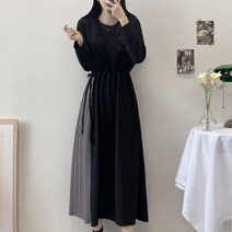 [2color/꾸안꾸] 앙쥬 라운드넥 사이드 스트링 배색 플리츠 주름 허리 밴딩 롱 원피스 데이트