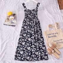 동남아원피스 드레스 여성 Sweet Girls Retros 꽃 기본 Sundress 여름 스파게티 스트랩 Mid-calf 신축성 A-line 인과 Vestidos