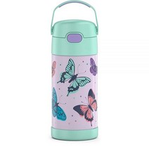 THERMOS 아동용 펀테이너 스테인리스 스틸 진공 보온 빨대 텀블러 12 oz 퍼플 하트, FUNTAINER 12 Ounce Bottle, Butterfly Frenzy