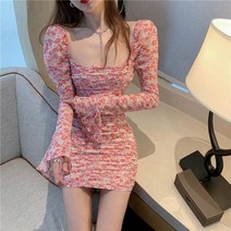 동남아원피스 복고풍 캐주얼 프랑스 스타일 꽃잎 디자인 스퀘어 칼라 여성용 꽃무늬 러블리 미니 봄