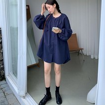 퍼프포인트 데일리 꾸안꾸 원피스 옆트임 마실룩 긴팔 심플리 가을코디 노카라셔츠 미니 루즈핏 대코디 볼륨 여친 캐주얼 휘뚜루마뚜루 봄코디 여자친구코디