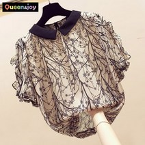 퀸앤조이 블랙 카라넥 쉬폰 블라우스