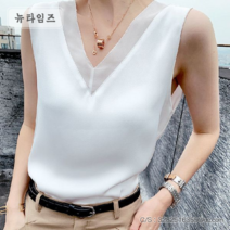 브이 넥 여성 실크 쉬폰 민소매 나시 블라우스 뉴타임즈 A11
