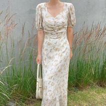 여자 여름 청순한 플라워 반팔 롱원피스