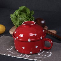 손잡이 라면 그릇 도자기 뚜껑 우동기 전자렌지 라면기, 숟가락과젓가락으로붉은물결포인트큰국수컵