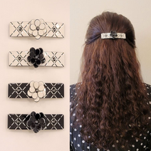 백화점 고급 셀룰로오스 스와로브스키 스톤 큐빅 보석 꽃 플라워 반머리 포인트 프랑스핀 숱 적은 헤어 자동핀, 아이보리판+아이보리 꽃