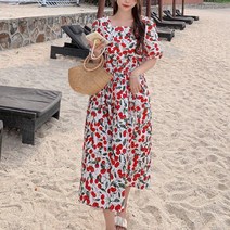 체리 패턴 스퀘어넥 롱 원피스 반팔 여름 빅사이즈