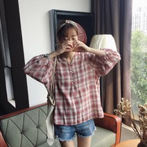 리티 체크블라우스 콩단추 오버핏 브이넥 패턴