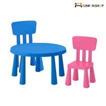 [당일출고] 이케아 MAMMUT 원형테이블(블루) + 등받이의자2개 세트, 화이트1개 레드1개