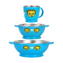 에디슨 프렌즈 논슬립 스텐식기 세트 유아동식기, 블루 공기+대접+한손컵