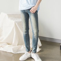 플레이즈 남성용 자체제작 블루 빈티지 스판 스크레치 내추럴 워싱 돌청 일자 슬림핏 데님 청바지