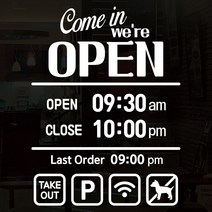 오픈클로즈 영업시간 시트지컷팅 창문스티커_001_Come in we are OPEN_화이트, 화이트