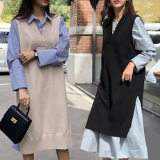 바잉몰 여성 카스테라 레이어드 브이넥 롱 니트 조끼