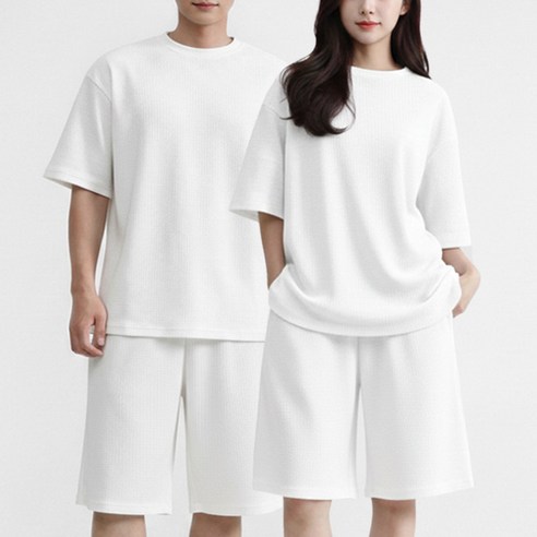 턴키 남녀공용 와플 오버핏 반팔티 + 반바지 세트 ST-3450