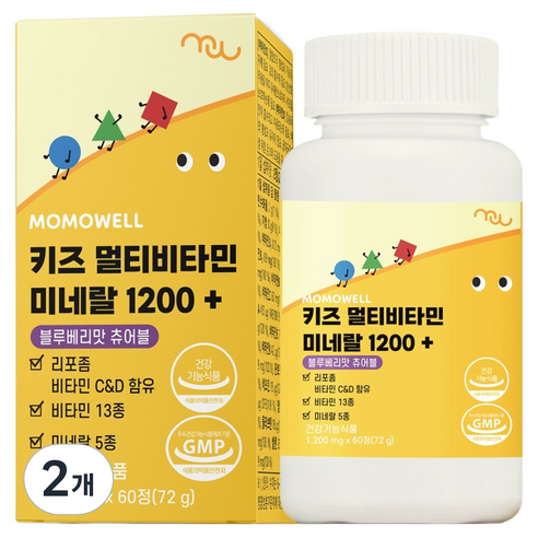 모모웰 키즈 멀티비타민 미네랄 1200+ 블루베리맛 츄어블 72g, 2개, 60정