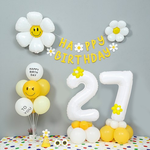 파티랑 데이지 두자리 숫자 풍선 27 + 가랜드 + 생일 풍선 장식 세트, 화이트 숫자대27, 1세트
