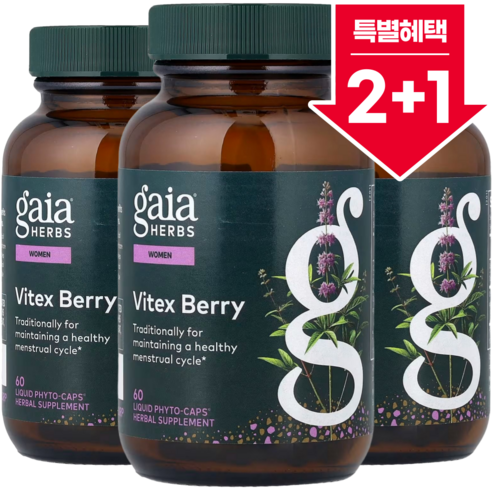 2+1 가이아 허브 여성용 바이텍스 베리 리퀴드 파이토 캡스 1000mg 60정 유기농체이스트나무베리추출물 / 해외직구 미국정품, 3개, 60정