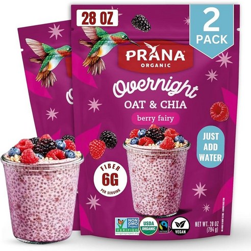 Prana 오버나이트 귀리 베리 요정 | 풍부한 섬유질 단백질 프리 바로 먹을 수 있는 아침 식사 793.8g28온스 백 2팩 191904