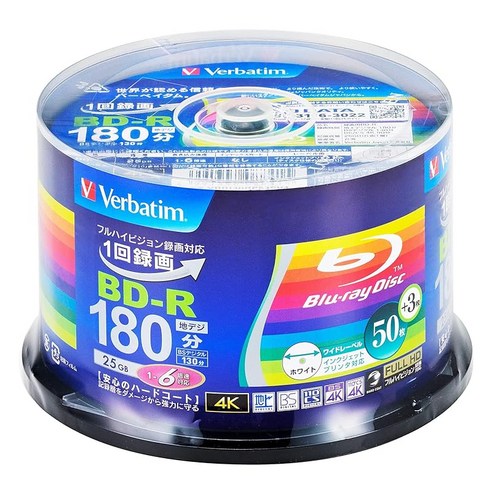 Verbatim BD-R 25GB 바베이텀 1회 녹화용 블루레이 디스크 50장+3장 증량 팩, 상세페이지 참조, 1개