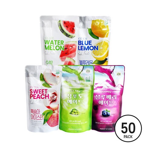밸런스그로우 편의점파우치음료 230ml 50팩 (복숭아+청포도+수박+블루레몬+블루베리)