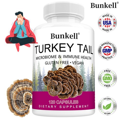 TURKEY TAIL 추출물 보충제로 장내 세균총의 면역건강 증진, 장, 에너지, 뇌, 면역체계 지원, Non-GMO