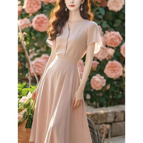 POMTOR 여성 여름 예쁜 프렌치 날씬해 보이는 핑크 소프트 쉬폰 원피스