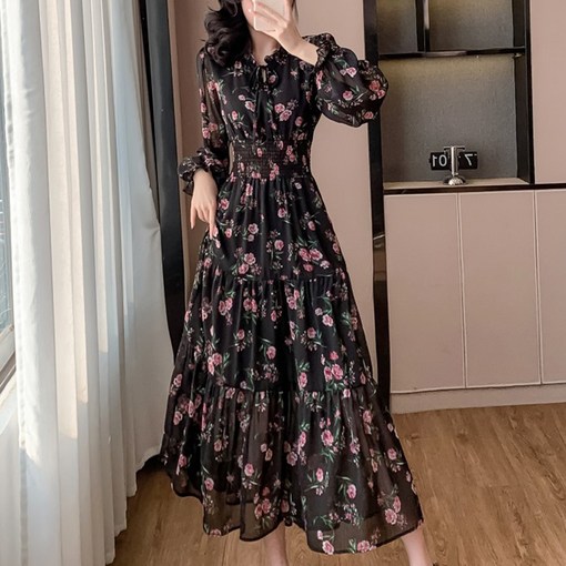 라라티나 여성용 로즈원 쉬폰 허리밴딩 긴팔 롱원피스