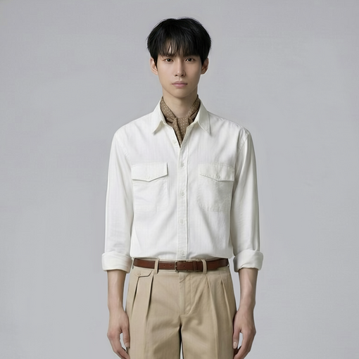덤블워싱 면100 남자셔츠 캐주얼 긴팔 크림화이트 텐타가공 꾸안꾸스타일