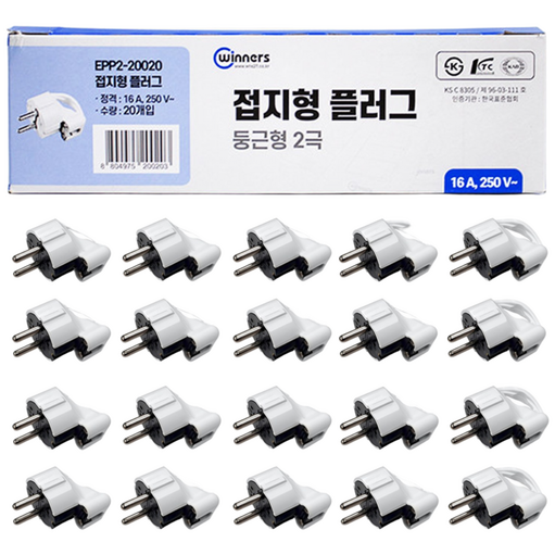 위너스 ㄱ자 플러그 접지 착탈손잡이 빠른결손구조 심플 흰색 화이트 250V 16A, 20개