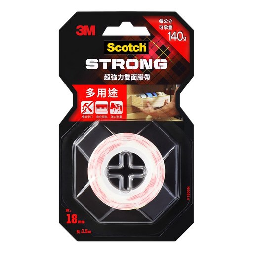 3M Scotch 超強力雙面膠帶 多用途 V1805N 18mm x 1.5m, 紅色, 1捲
