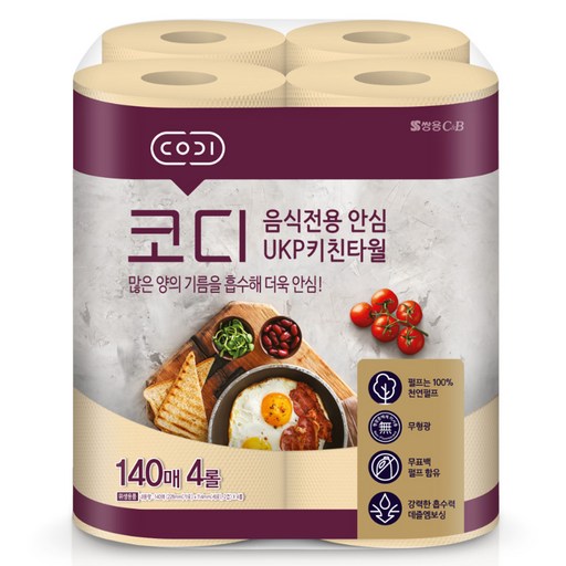 코디 음식전용 안심 천연펄프 키친타월, 4롤, 1개