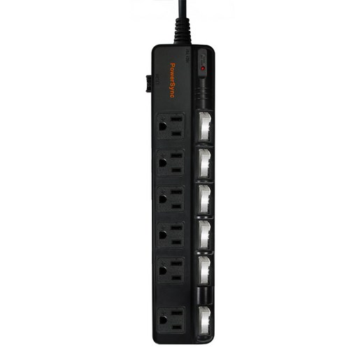 PowerSync 群加 6開6插斜面開關防雷擊抗搖擺延長線 3孔 TPS366BN0018, 1.8m, 黑色, 1條