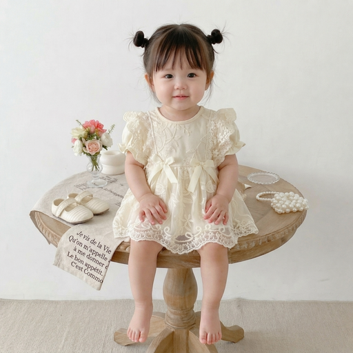 스타도어 신생아용 투리본 레이스 반팔 원피스 수트