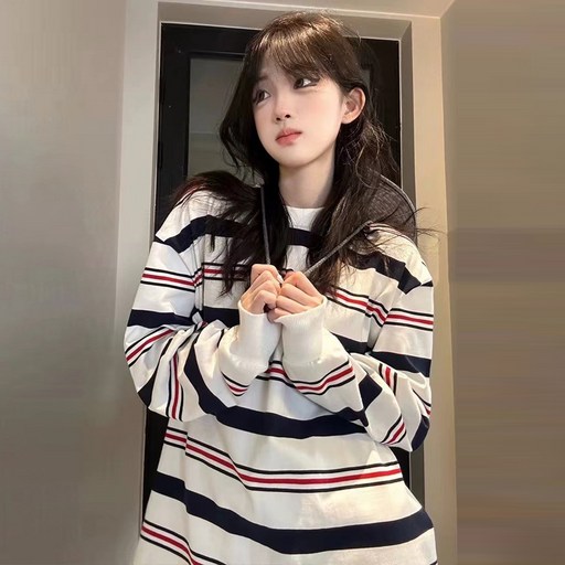 디멜디 여성용 캐주얼 스트라이프 루즈핏 긴팔 티셔츠