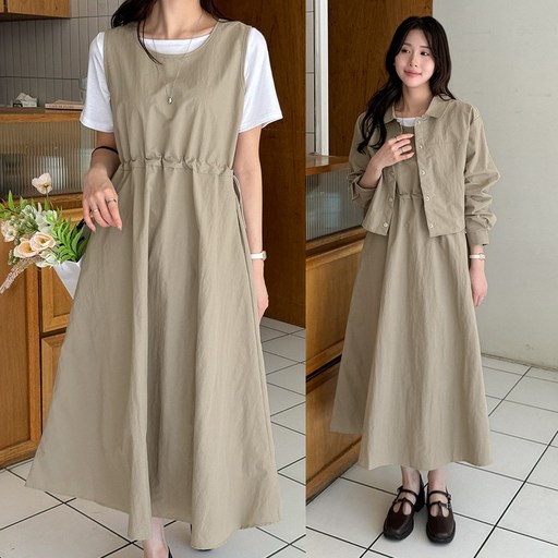 데일리앤 소버 바스락 자켓 A라인 민소매 스트링 셋업 원피스 코디세트 봄 여름 가을