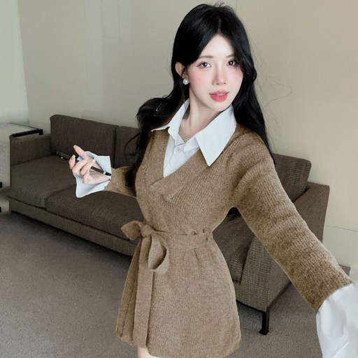 BIKASU 여자 겨울 플리츠 원피스 슬림핏 하객 니트 페이크 레이어드 키작녀 미니원피스