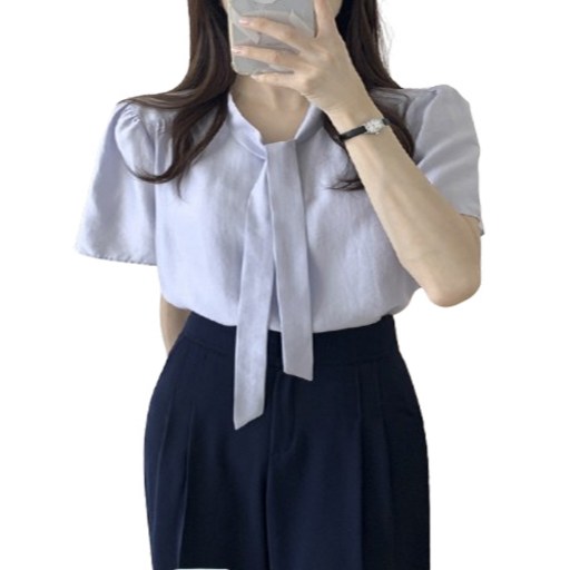 스윗하우스리 여성 타이 리본 반팔 여름 블라우스 정장 하객룩