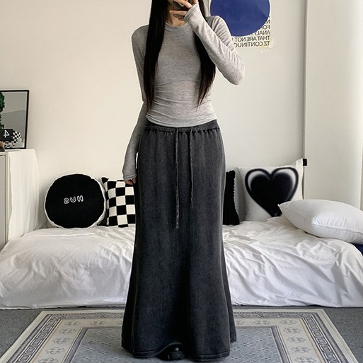 빈티지2col 트론 워싱 밴딩 맥시 롱 스커트