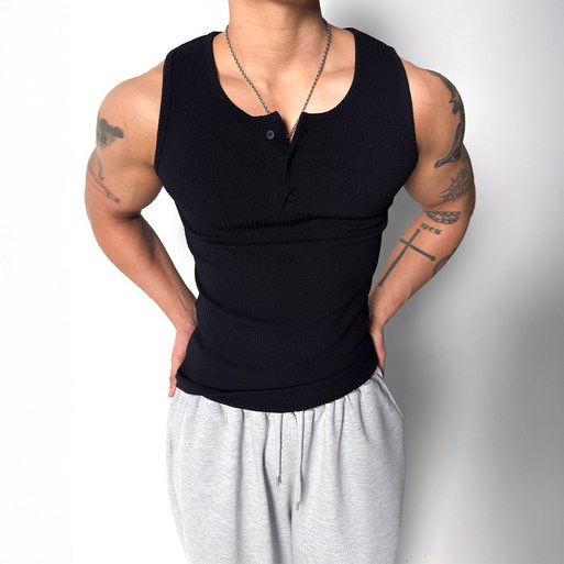 골지 헨리넥 머슬핏 슬리브리스 나시 남자상의 운동복 짐웨어 빅사이즈 오버핏 도프룸