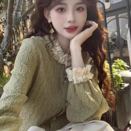 COSYEVNO 여성 봄 가을 레이스 블라우스 긴팔 프릴 넥라인 루즈핏  BCXxfs1