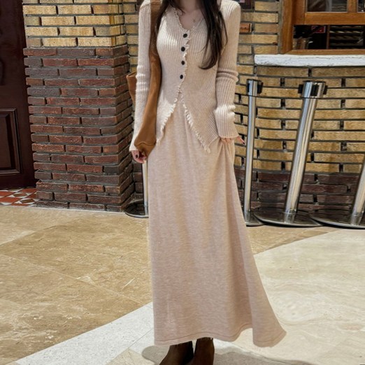 떳다그녀 시즈니 골지 버튼니트 치마 셋업 니트투피스 헤짐 브이넥가디건 롱스커트 세트