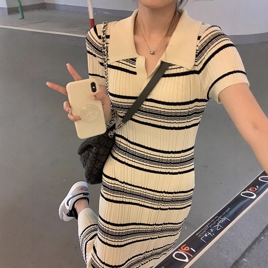 BROWMODA 여성 카라 스트라이프 반팔 롱 원피스