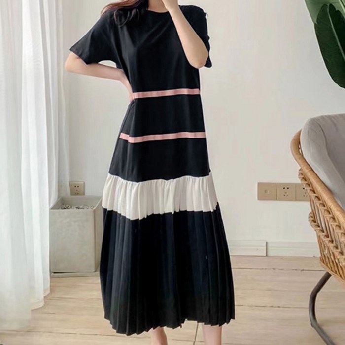 페이퍼먼츠 사이드 배색 라인 플리츠 롱 원피스 01781 빅사이즈 포함