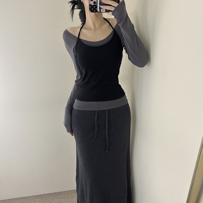 VANANA2 국내생산 홀터넥 긴팔티 레이어드세트