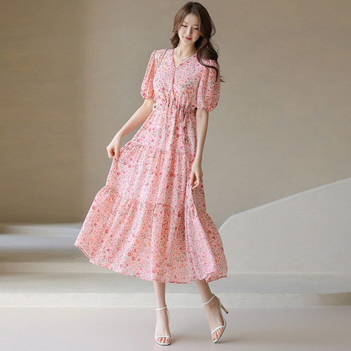 스타일온미 스타일온미  체리 블로썸 허리 스트링 셔링 캉캉 A라인 플레어 롱 원피스